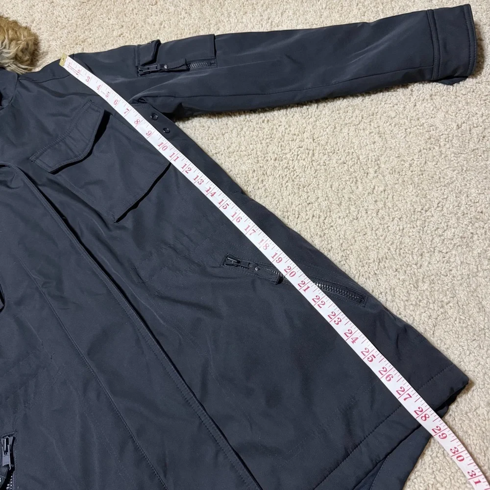 S13 Black Parka Anorak Coat Jacket with Faux Fur Hood Size Small S Neutral Warm